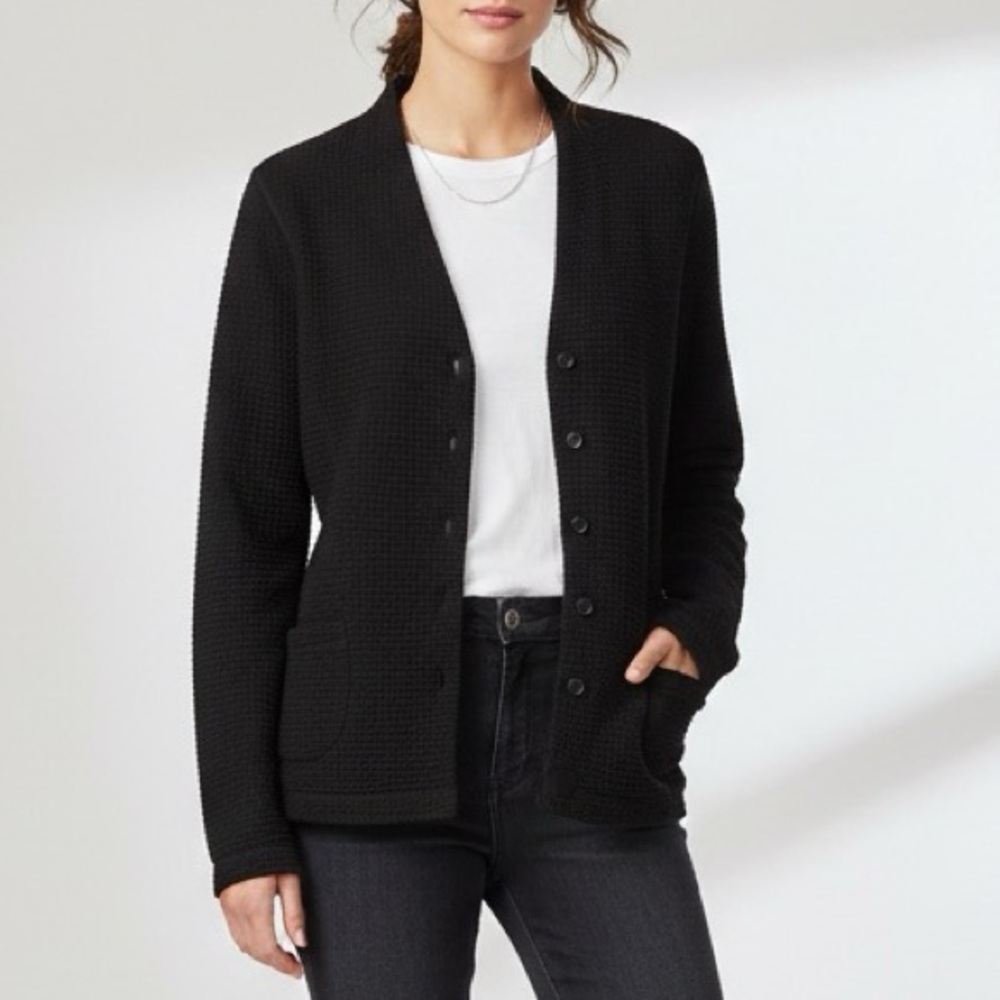 Eileen Fisher Black Waffle Knit Viscose Cardigan Jacket Size S Small